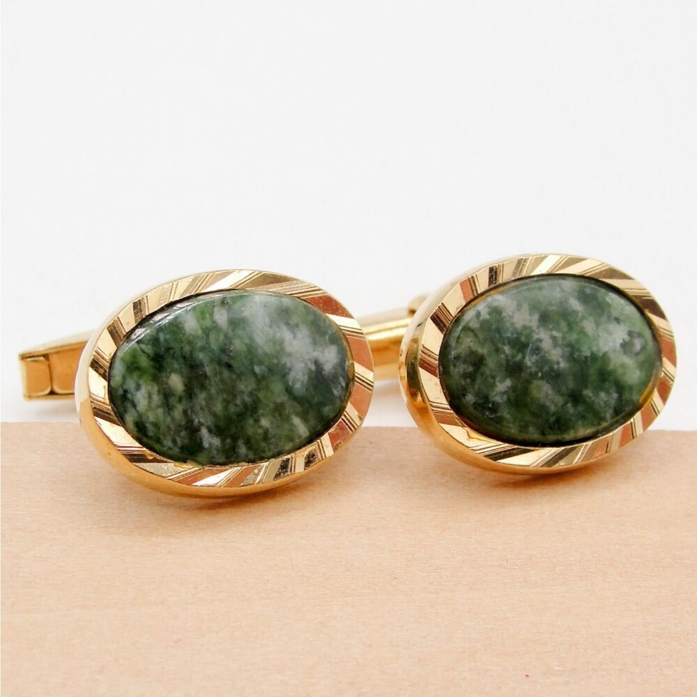 Vintage Gold Tone Jade Cufflinks Oval Green Stone Patented Retro MCM Classic